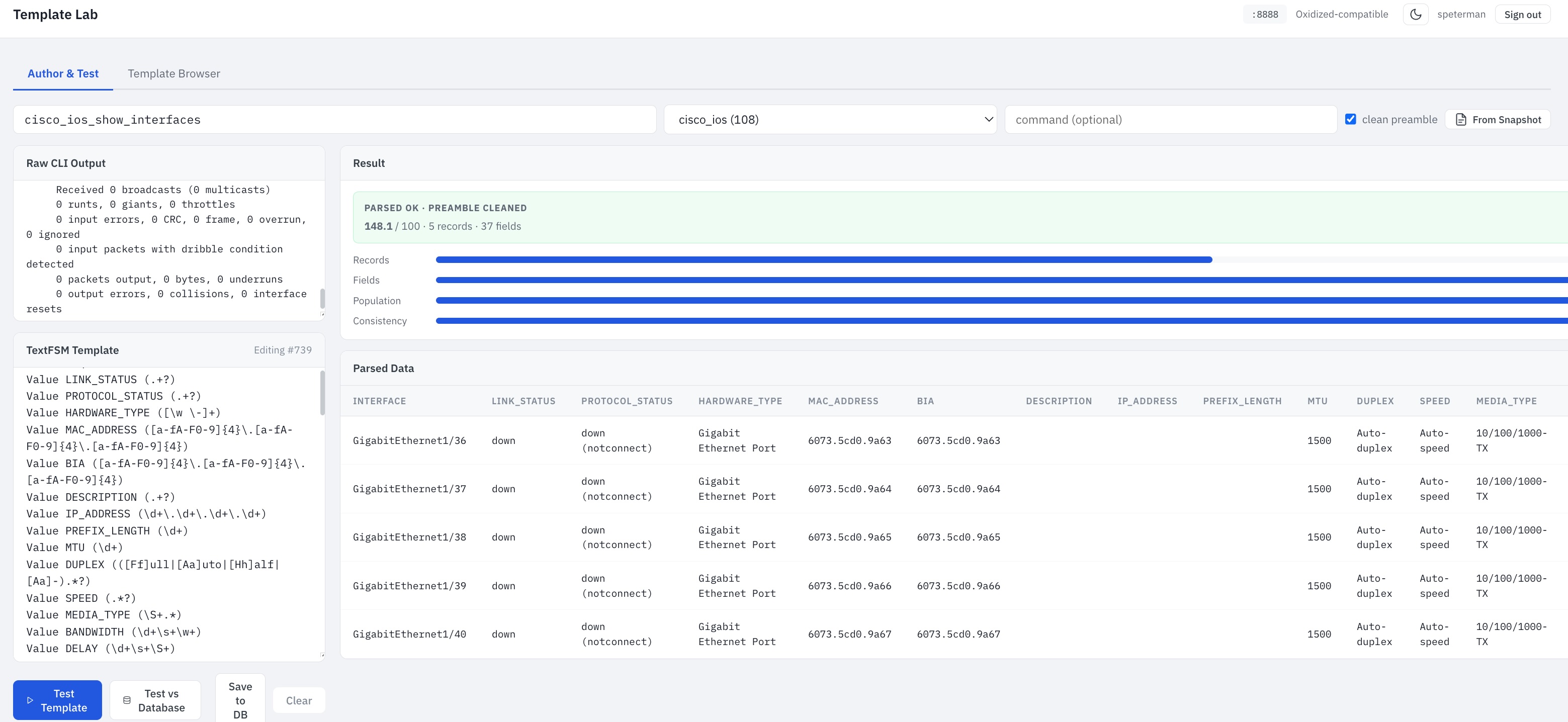 tfsm-fire scoring a live Cisco IOS capture