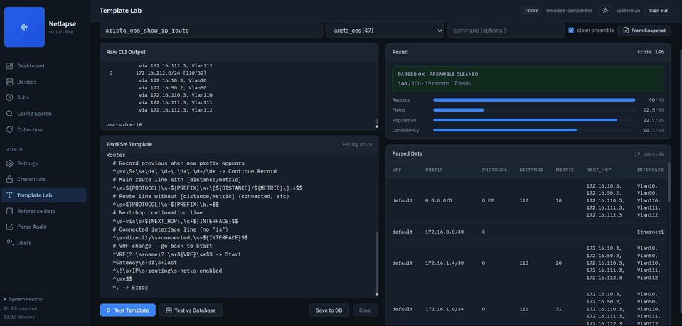 Template lab scoring a parse against raw CLI output, with the parsed records beside it.